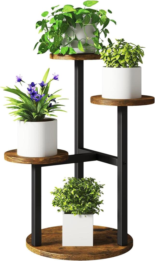 IBUYKE 4 Tier Plant Stand Indoor, Metal Wood Plant Shelf for Multiple Plants, Small Tiered Corner Flower Pot Stand for Living Room Patio Balcony Garden, Rustic Brown TMJ073H