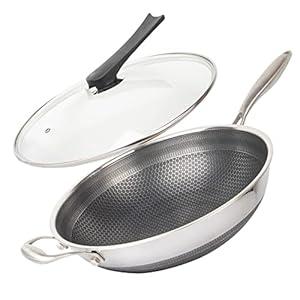 12.5" 316L Stainless Steel Honeycomb Non Stick Wok Pan Stir-fry Wok with Lid,Skillet with Stay-cool Handle PFOA Free Suitable for Induction, Ceramic, Electric, and Gas Cooktops (Silver)