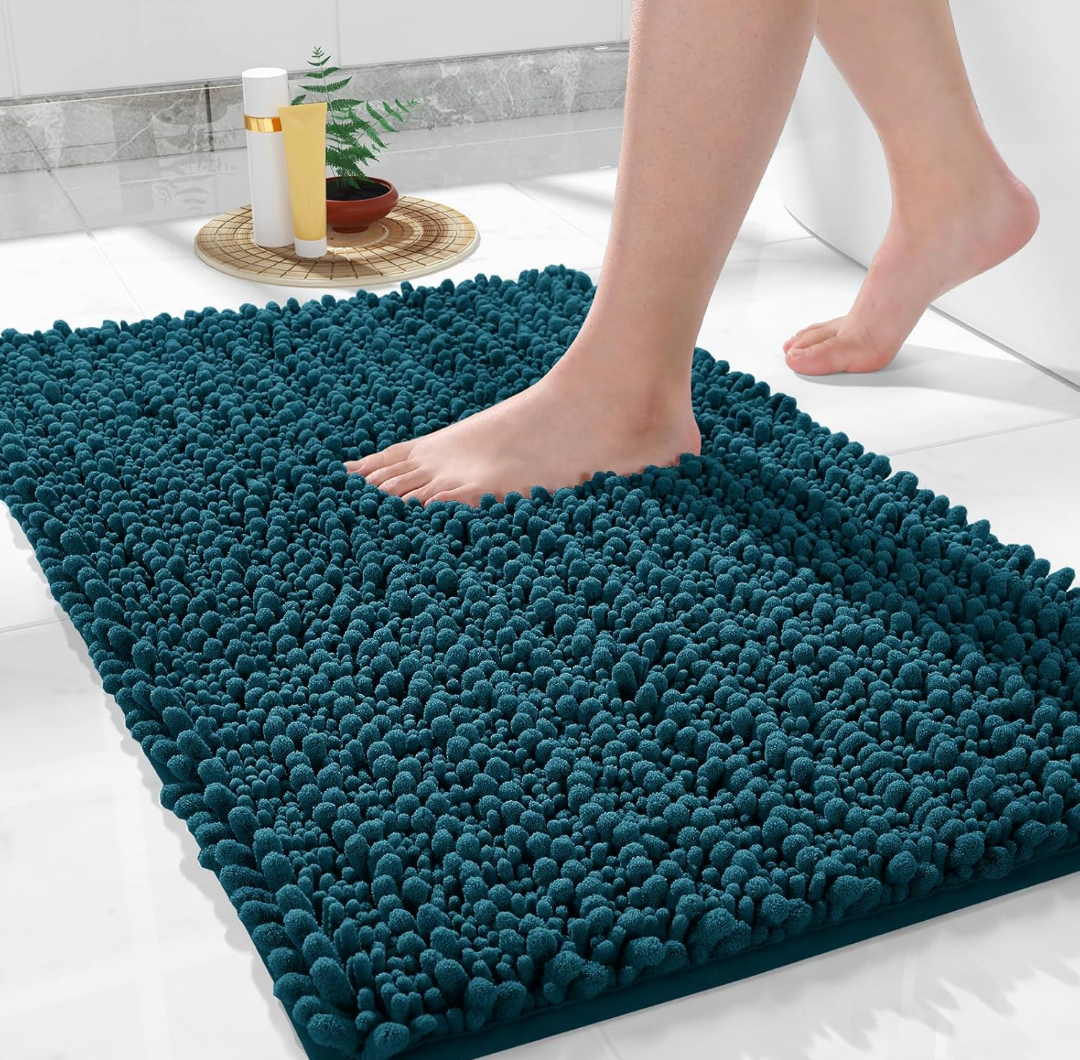 Bathroom Rug Mat 24 x 17, Extra Soft Non Slip Absorbent Water Bath Rug, Quick Dry Machine Washable Chenille Shaggy Shower Mat, Bath Mat for Bathroom Floor, Home Decor, Rustic Turquoise