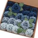 J-Rijzen Artificial Flowers 25PCS Real Looking Blue Ombre Colors Foam Roses 5 Tones Fake Roses with Stems for DIY Wedding Bouquets Centerpieces Baby Shower Party Home Decorations