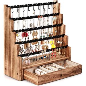Pinzoveco Earring Organizer, 5 Layer Earring Holder Organizer with Necklace Holder Pole, Rustic Wood Jewelry Organizer Stand Display for Stud Earring Bracelet Necklace Ring, 175 Earring Holes