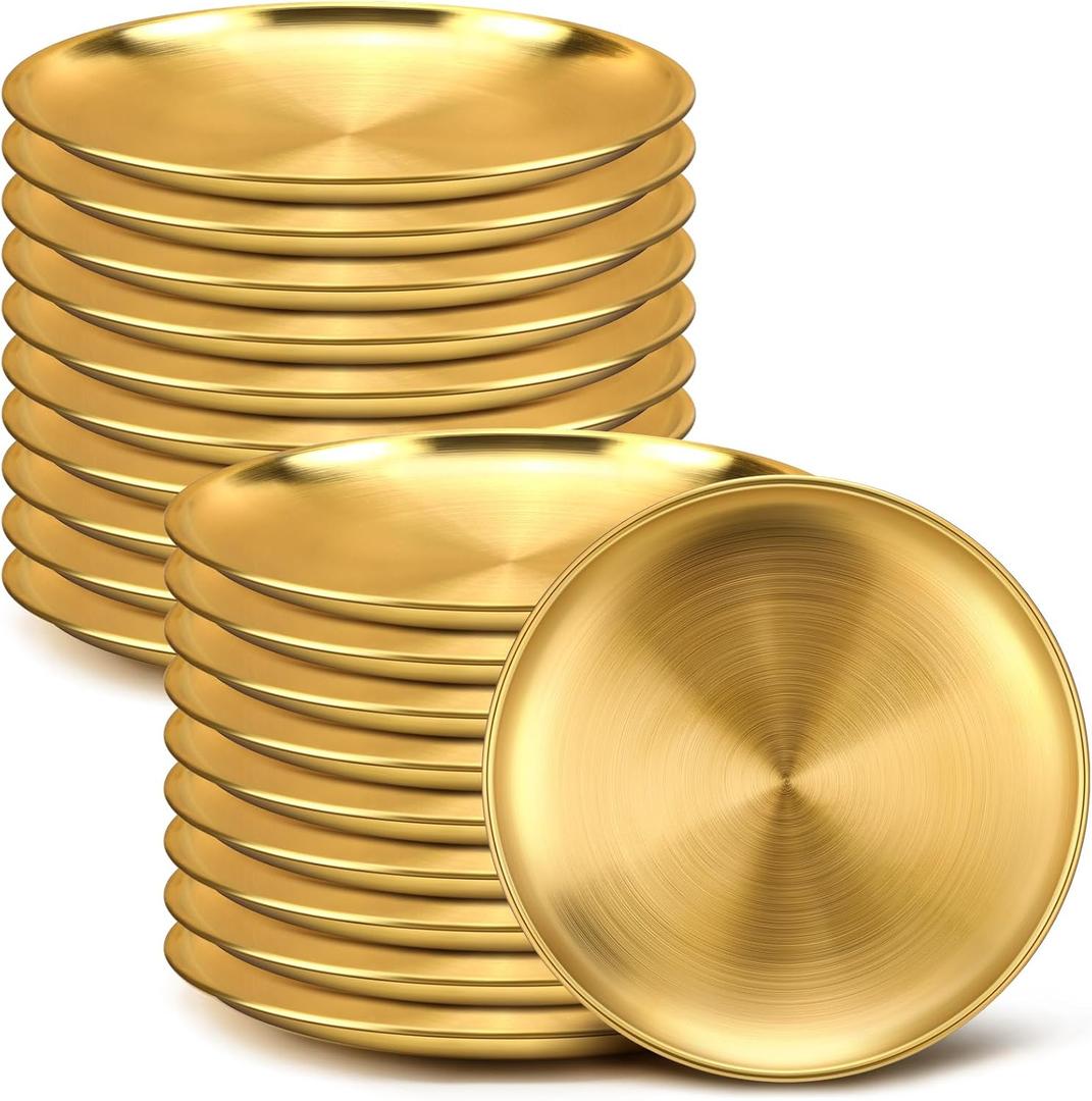 Nuogo 20 Pieces Stainless Steel Gold Plates 9 Inch Gold Dinner Plates Metal Serving Tray Dessert Dishes for Bbq, Salad, Snack, Desserts, Food Serving, Outdoor Camping