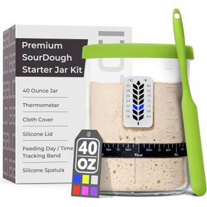 Premium Sourdough Starter Jar - 40oz Large Sourdough Jar with Marked Feeding Band, Thermometer, Scraper, Cloth Cover and Silicone Lid/Base, Wide Mouth Starter Kit - Green (40oz (1 Pack))