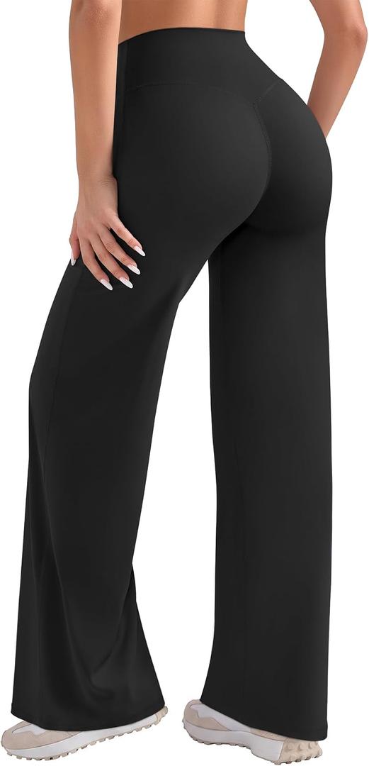 OLCHEE Womens Yoga Pants Wide Leg Straight Leggings High Waist No Front Seam Causal Stretch Gym Workout Bottom Butt Lifting (M, Black)