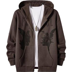 SOLY HUX Men's Graphic Zip Up Hoodies Streetwear Jacket Letter Print Long Sleeve Sweatshirt with Pocket (Large, Chocolate Brown Figure)