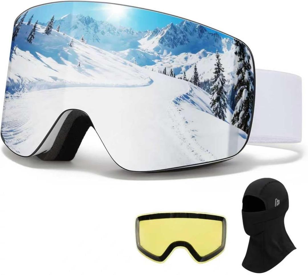 VCOROS Snowboard Ski Goggles Men Women Frameless Anti Fog OTG Snow Goggles Skating Skiing Snowmobile Detachable Lens(White Frame Silver, Polarized-Lens, Ski Mask)
