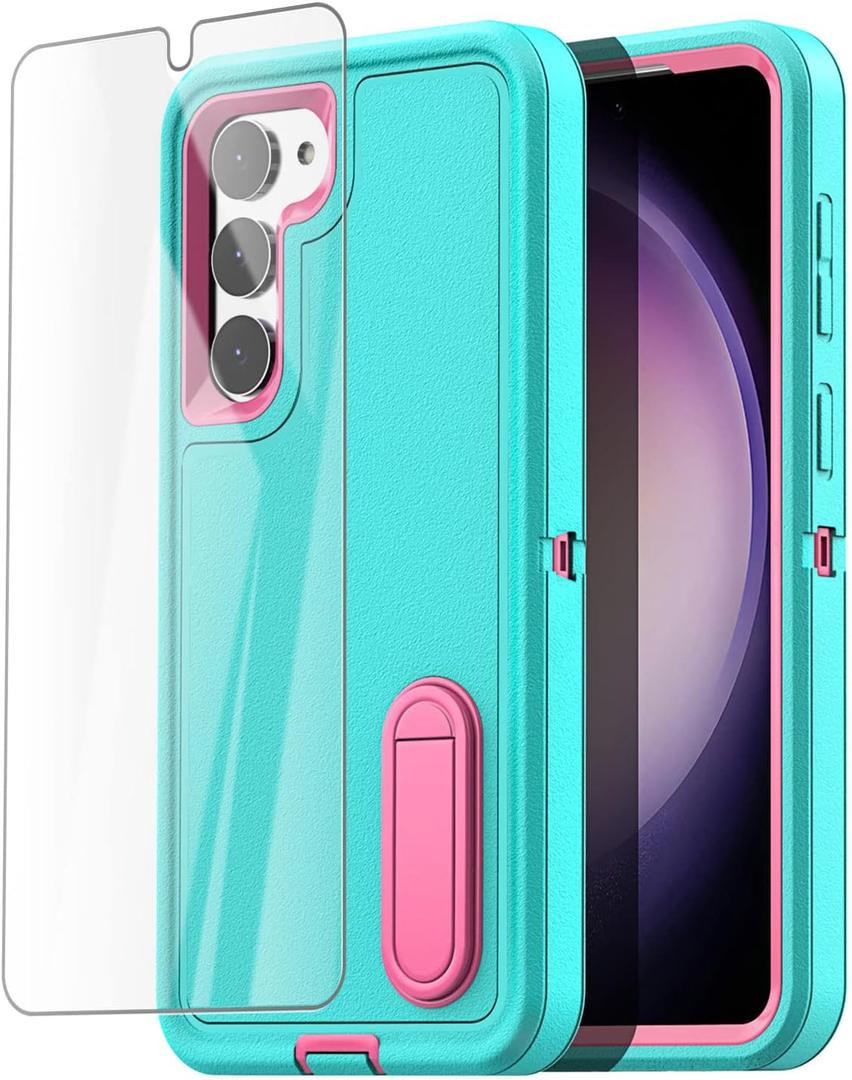 AICase for Samsung Galaxy S23 Plus Case Built-in Kickstand with Glass Screen Protector,Heavy Duty Drop Protection Full Body Rugged Shockproof Military Protective Tough Durable S23+Plus 6.6"_3 (Water Blue/hot pink+Glass Protector/Camera Lens)