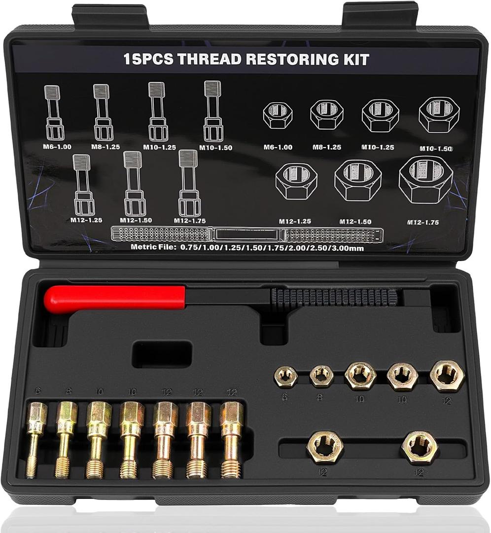15-Piece Metric Thread Chaser Set, M6 M8 M10 M12 Thread Restorer Tool, Rethreading Repair Kit with Taps, Dies, and Files