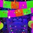 Mega-L Glow in The Dark Party Supplies, 4 Pack Foil Fringe Garland Birthday Party Decorations 9.8 ft Fluorescent Macaron Orange, Yellow and Fuchsia Metallic Tinsel Banner, Photo Booth Prop Table Skirt