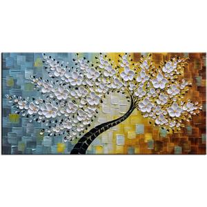 YaSheng Art-Handmade White Flower Contemporary Art Oil Painting On Canvas 3D Texture Abstract Tree Paintings Modern Home Bedroom, Dining Room, Wall Art Decor Ready to Hang20x40inch (YS-0010)