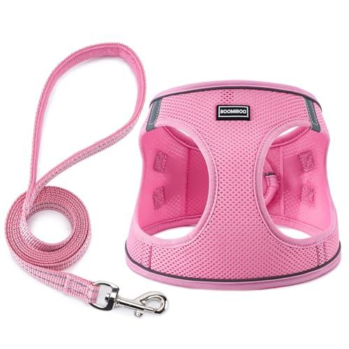 BOOMIBOO Dog Harness with Leash Set, No Pull Adjustable Reflective Step-in Puppy Pet Vest Harnesses for Dogs and Cats,Pink M
