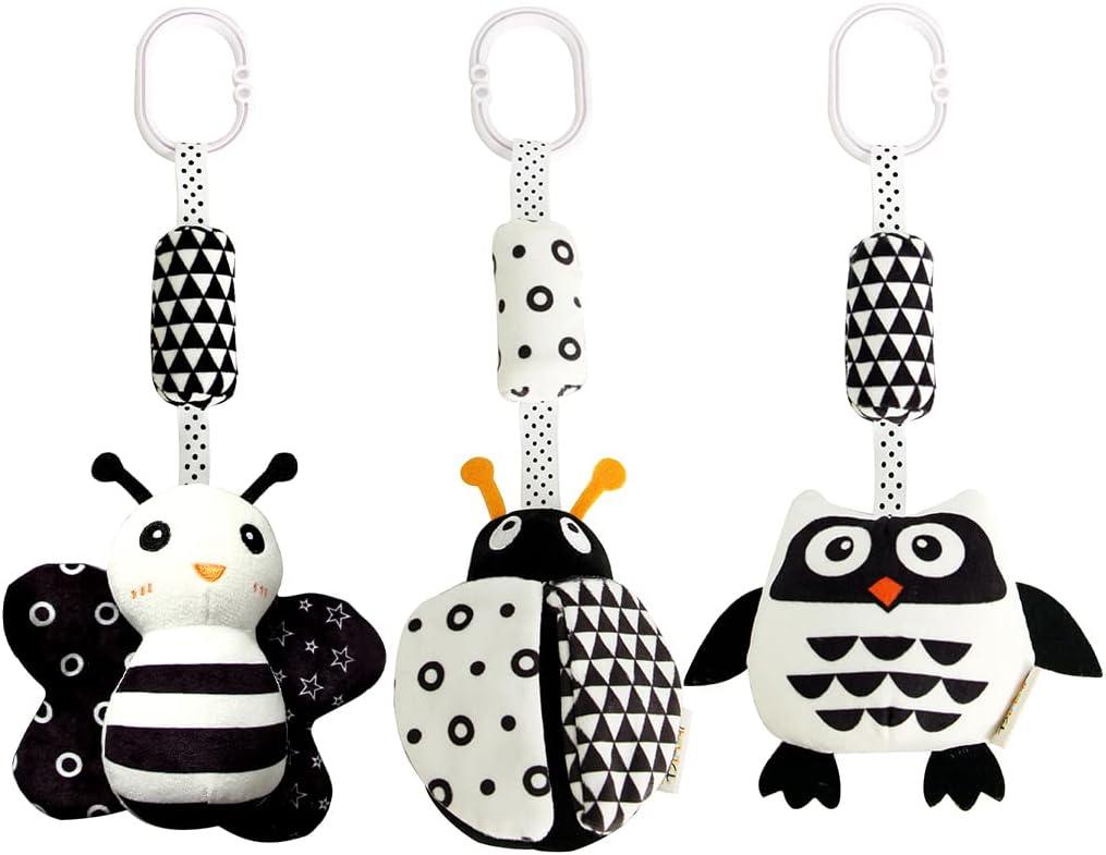 KAKIBLIN Baby Hanging Toy,3 Pack Black and White Baby Toys for 3 6 9 12 Months, High Contrast Hanging Toys, Plush Soft Stroller Rattles Toy for Boys and Girls(21CM, Lady bug, Bee & Owl)