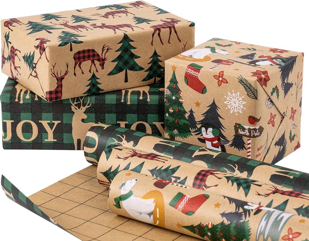 RUSPEPA Christmas Wrapping Paper Rolls with Tags and Jute String - 17 inches x 10 feet per Roll, Total of 3 Rolls (Penguins)