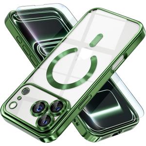 Misea Magnetic for iPhone 17 Pro Case Compatible with MagSafe [Never Yellowing] [Military Grade Drop Protection] Full Camera Lens Protector Plating Soft Clear Phone Case for Women, Green