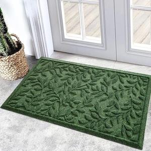 Bulijojo Sturdy Front Entrance Doormats,Durable Heavy Duty Welcome Mat,Thick Absorbent Natural Rubber Non Slip Mat,Easy Clean Entryway Mat 17x30 Inch Leaves Green