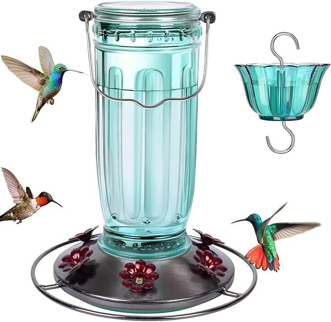Kingsyard Glass Hummingbird Feeder for Outdoors Wild Bird Feeder with 6 Feeding Ports Hanging for Garden Yard, Green (Ant Moat Included) 2 pack
