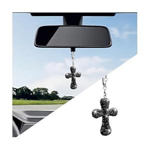 Norkmdi Bling Car Hanging Ornament, Double-Sided Cross Crystal Rhinestone Vehicle Rear View Mirror Charm, Cute Diamond Rearview Mirror Pendant, Universal Auto Interior Accessories (Black)