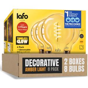 TimelessGlow 8 Pack Dimmable G25 LED Filament Bulb 5W 40W Equivalent Warm Amber 2000K E26 Base CRI80 Amber Glass Spiral Filament ETL FCC Certified Flicker Free Decorative Lighting