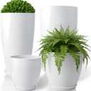 ZMTECH 24/21/12/10" H Large Plastic Planters with Drainage Hole and Saucer -Set of 4 Tall Plant Pots for Indoor & Outdoor Use,White Glossy Smooth Lightweight Flower Pot for Front Porch Patio Deck