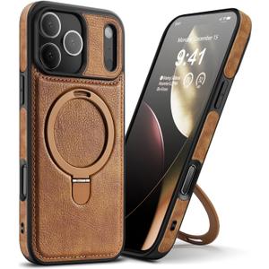 Magnetic for iPhone 17 Pro Leather Case,Invisible Stand [Compatible with Magsafe] Slim Kickstand Phone Cove for iPhone 17 Pro caseBrown