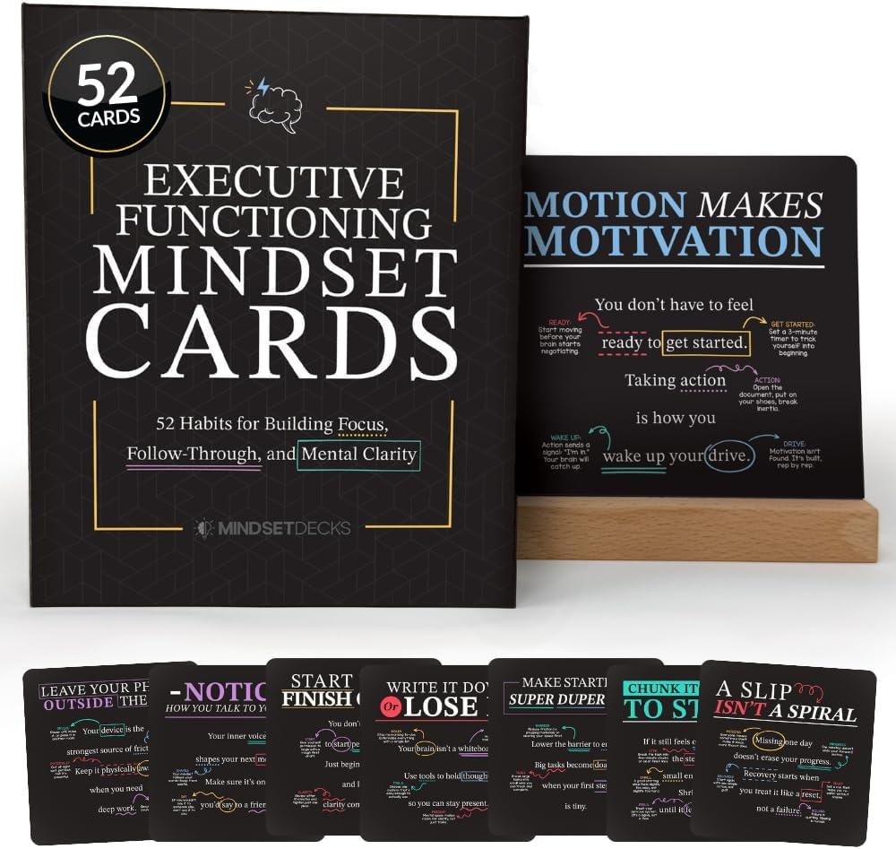 Executive Functioning Mindset Cards 52 Daily Habit Cards for Focus, Organization & Follow Through For Kids, Teens & Adults Includes Wooden Display Stand, Gift for Teachers and Parents