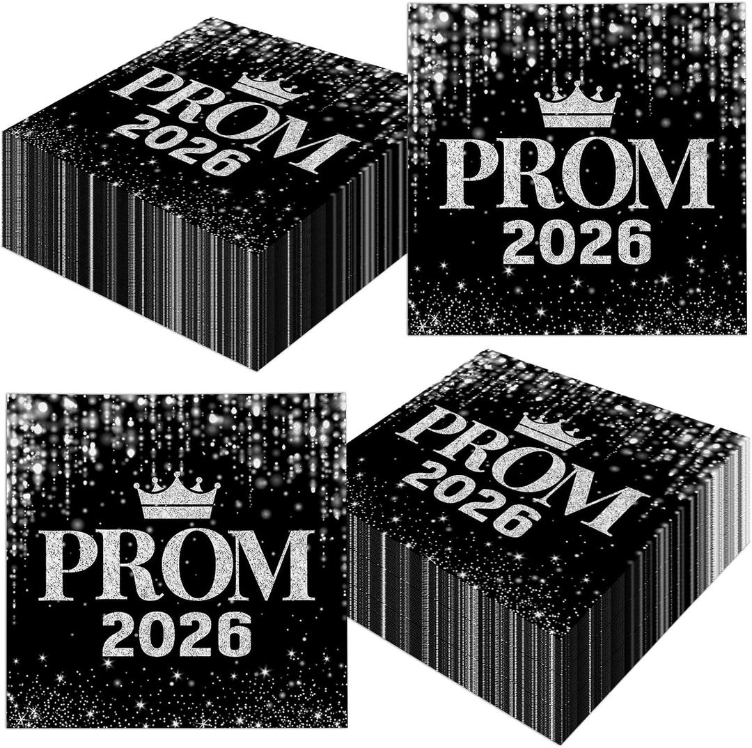 2 x Prom Decorations 2026 Napkins, 50Pcs Napkin Disposable Black and Silver Grad 2026 Napkin, Black and Silver Prom Napkins 2026 for Graduation Night Decorations