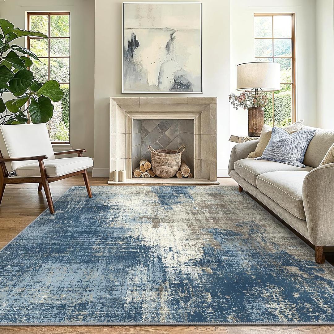 GENIMO Washable Area Rugs for Living Room Bedroom, 10x12 Modern Abstract Non Slip Rug, Low Pile Soft Contemporary Indoor Floor Carpet Cover for Dinning Room Kitchen, Slate Blue