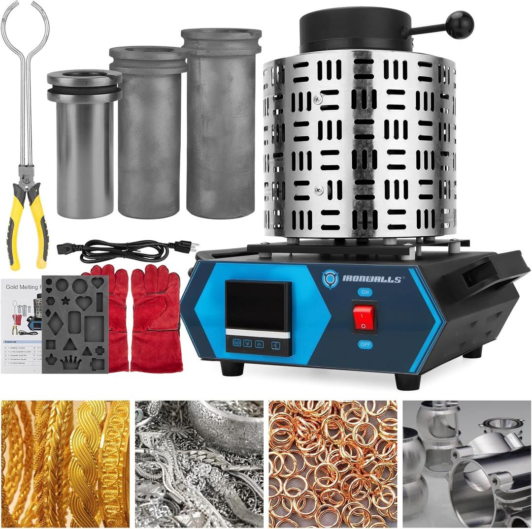 IRONWALLS Gold Melting Furnace Electric with 1+2+3kg Graphite Crucible & Ingot Mold, 1800W 110V 2102/1150 Digital Metal Melting Machine Smelting Furnace Kiln Kit for Refining Casting Jewelry DIY