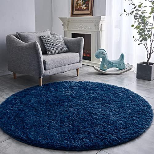 FJZFING Navy Blue Round Rug Ultra-Soft Plush Modern 4x4 Circle Area Rug for Kid's Bedroom, Fluffy Shag Circular Rug for Nursery Room, Non-Slip Home Decor Cute Navy Blue Carpet for Teen's Room
