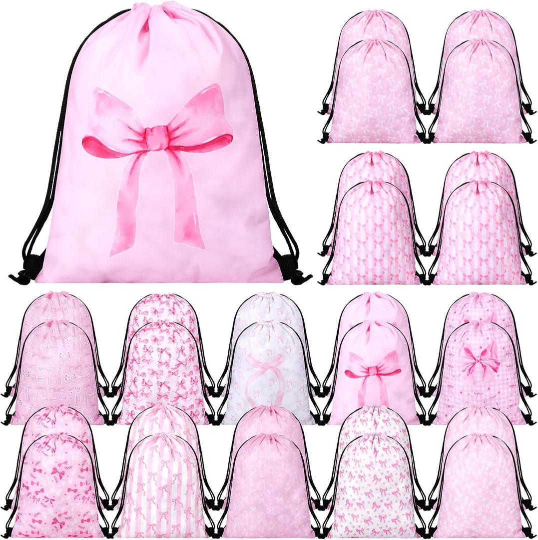 Woanger 24 Pcs Pink Bow Gift Drawstring Bags Bulk 11.81 x 9.84 Inch Coquette Party Gift Bags Pink Bow Goodie Waterproof Backpack Coquette Tea Wedding Bridal Engagement Birthday Party Supplies
