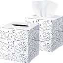 Tioncy 2 Pcs Country Chic Modern Farmhouse Tissue Box Holder Christmas Decorative Metal Tissue Cover Rustic Square White Style for Bathroom Home Bedroom Office
