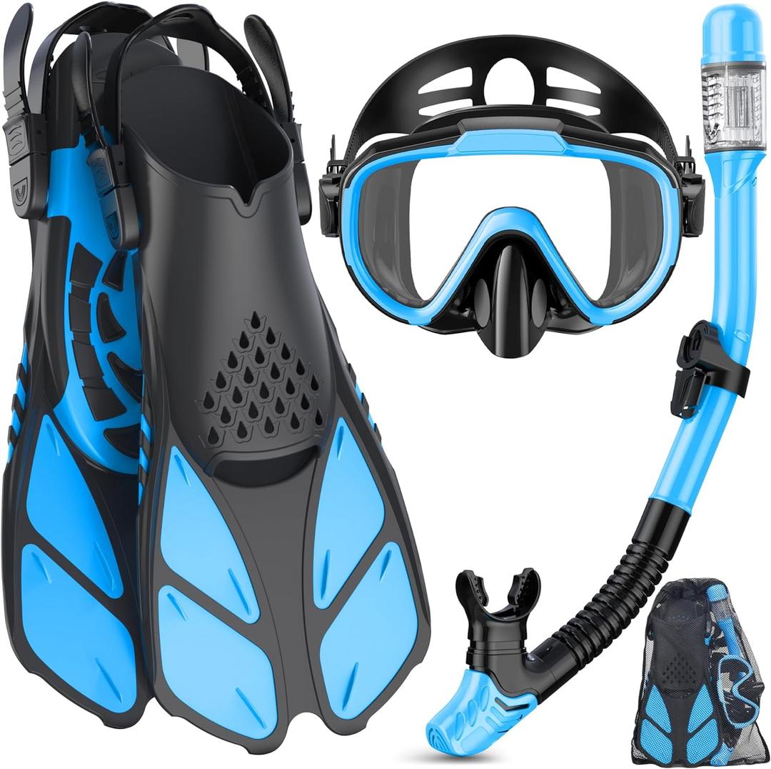 Snorkeling Gear for Adults Men Women,4 in 1 Snorkel Set with Panoramic View Diving Mask Anti-Fog Anti-Leak, Dry Top Snorkel, Fins and Travel Bag for Swimming, Snorkeling and Travel Diving (ML/XL, Light Blue)