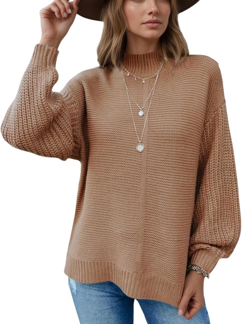 VIMPUNEC Womens Oversized Long Sleeve Sweaters Fall Casual Knit Pullover Tops Mock Neck Side Slit Jumper (Brown, L)