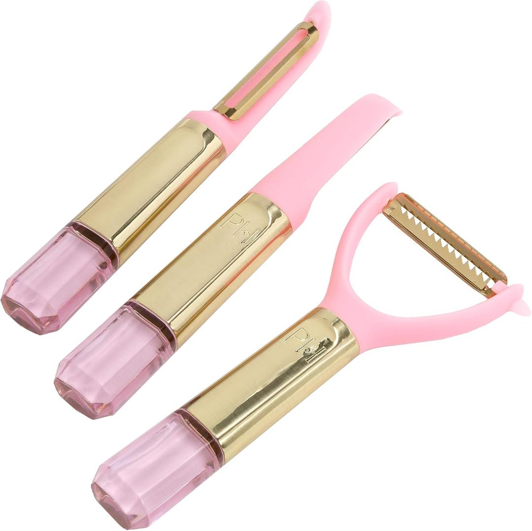 Paris Hilton 3 Piece Peeler Set with Pink Jewel Shaped Handle, Dishwasher Safe Kitchen Tools and Utensil, Pink and Gold