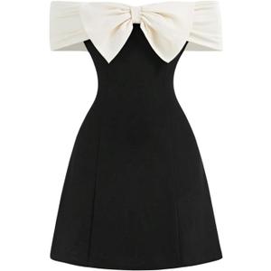 Floerns Girl's Bow Off The Shoulder Dress Elegant A Line Short Sleeve Color Block Party Dresses, Size: 12 Years