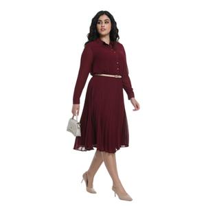 Business Casual Shirt Dress for Women Long Sleeves Pleated Midi Dresses with Belt, Burgundy, XS