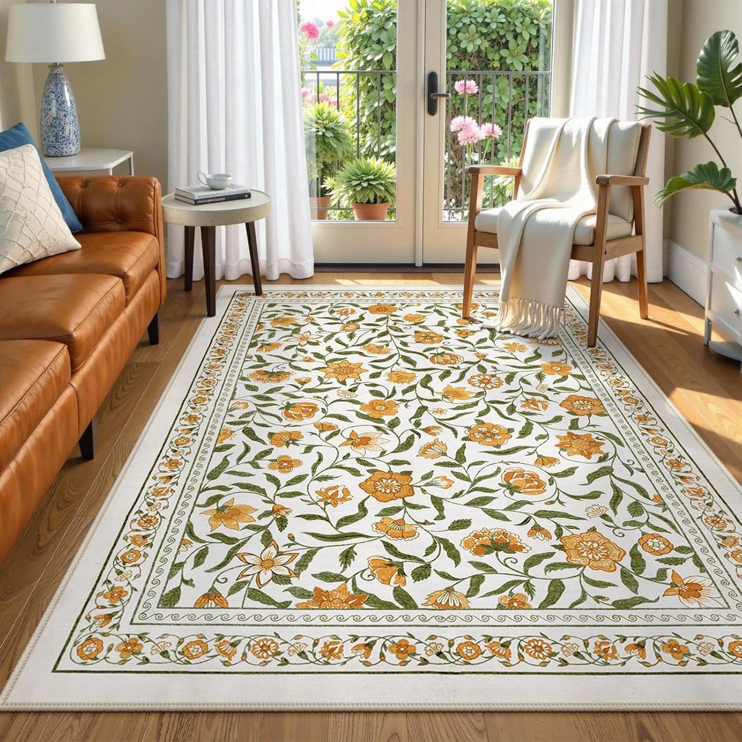 Collive Washable Boho Floral Rugs, 5x7 Vintage Soft Area Rug for Living Room, Modern Yellow Flower Carpet Non Slip Low Pile Large Dining Room Carpets for Nursery, Kids Playroom, Home Decor