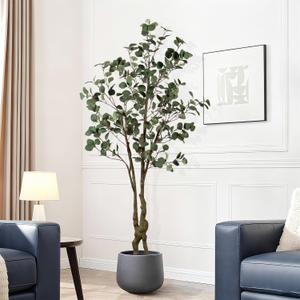 Faux Eucalyptus Tree 6ft(72in) Tall Artificial Plant Indoor Decor Handmade Natural Fake Eucalyptus Tree for Wedding Realistic Lifelike Leaves in Pot for Home Living Room,Office,Outdoor Decor.