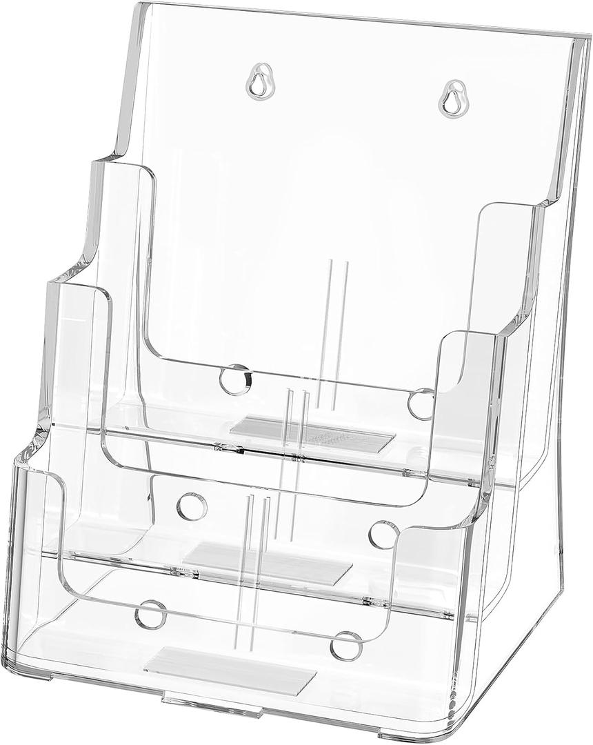 KTRIO Acrylic Brochure Holder 8.5x11 Inch, 3 Tier Literature Display Stand Clear Magazine Holder with Removable Divider for 4-inch Pamphlet, Flyers, Trifold Booklet, Wall Mount & Countertop, 1 Pack