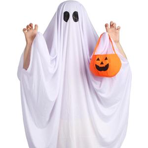 Ghost Costume for Kids, Toddler Ghost Costume with Pumpkin Bag, Halloween Spooky Costumes for Boys Girls Cosplay Dress Up (7-10 years)