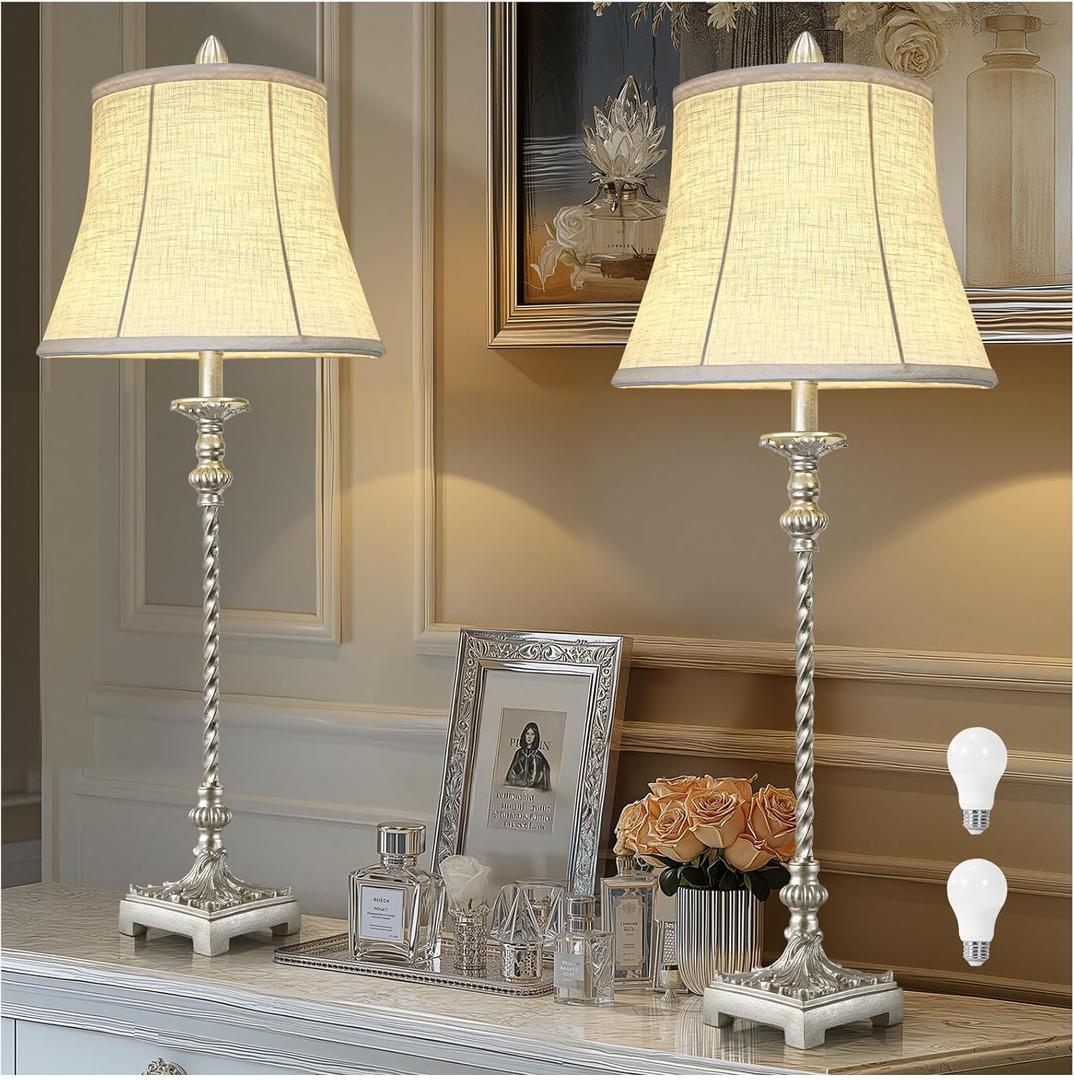 Candle Stick Buffet Table Lamp Set of 2, 33'' Vintage Nightstand Lamps with Silver Leaf Finish and White Linen Shades, 3-Way Dimmable Bulb Included, Country Style Bedside Lamps for Living Room Bedroom