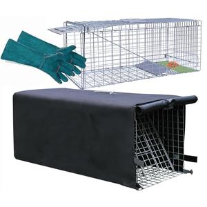 Live Animal Trap Cage with Cover & Gloves, Cat Trap for Stray Cats 32 Inch Heavy Duty Folding Skunk Traps with Real Door for Raccoons, Opossums, Skunks, Feral Cats, Squirrels-(32 x 10 x 12 inches)
