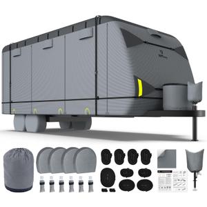 RVMasking Travel Trailer RV Cover 31-34ft, 7 Layers Extra-Thick Camper Cover Waterproof Windproof for Toy Hauler with 4 Tire Covers & Tongue Jack Cover & Propane Tank Cover, Dark Gray