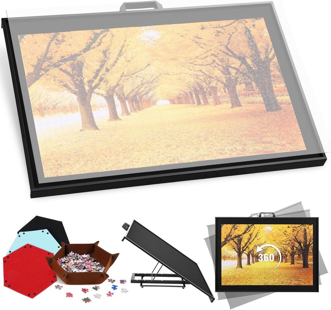 1500 Piece Metal Puzzle Board, Rotates While Tilted, 4 Snap-Fold Felt Trays, Controlled Spin, Shared Sorting, Puzzle Easel with Cover, 35” X 25” Portable Table for Adults with Non-Slip Surface