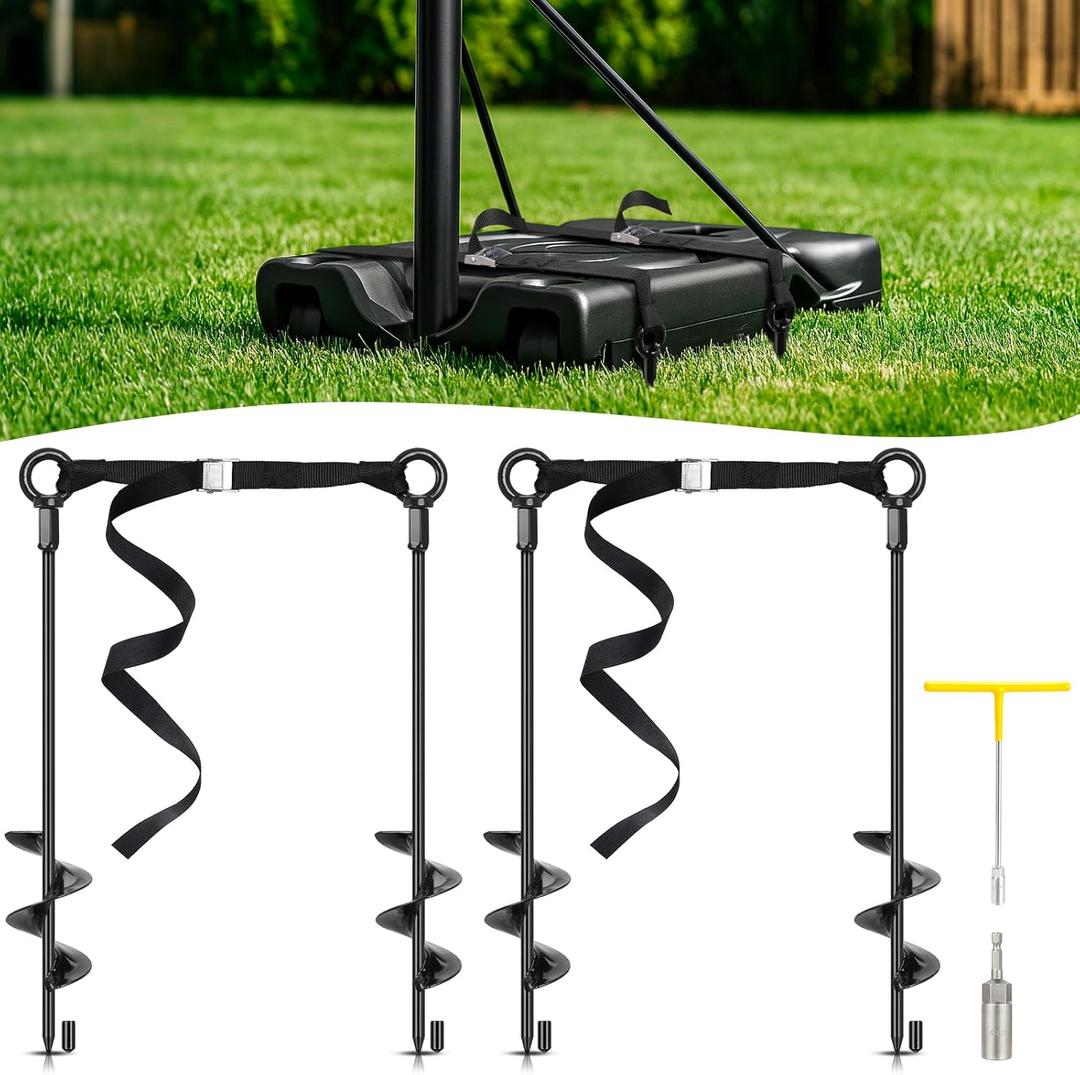Tinnmao Basketball Hoop Anchor Tie Down Kit High Wind, 18'' Heavy Duty Steel Basketball Goal Anchors with Adjustable Straps for Secure and Durable Court Setup for Mounting Trampoline