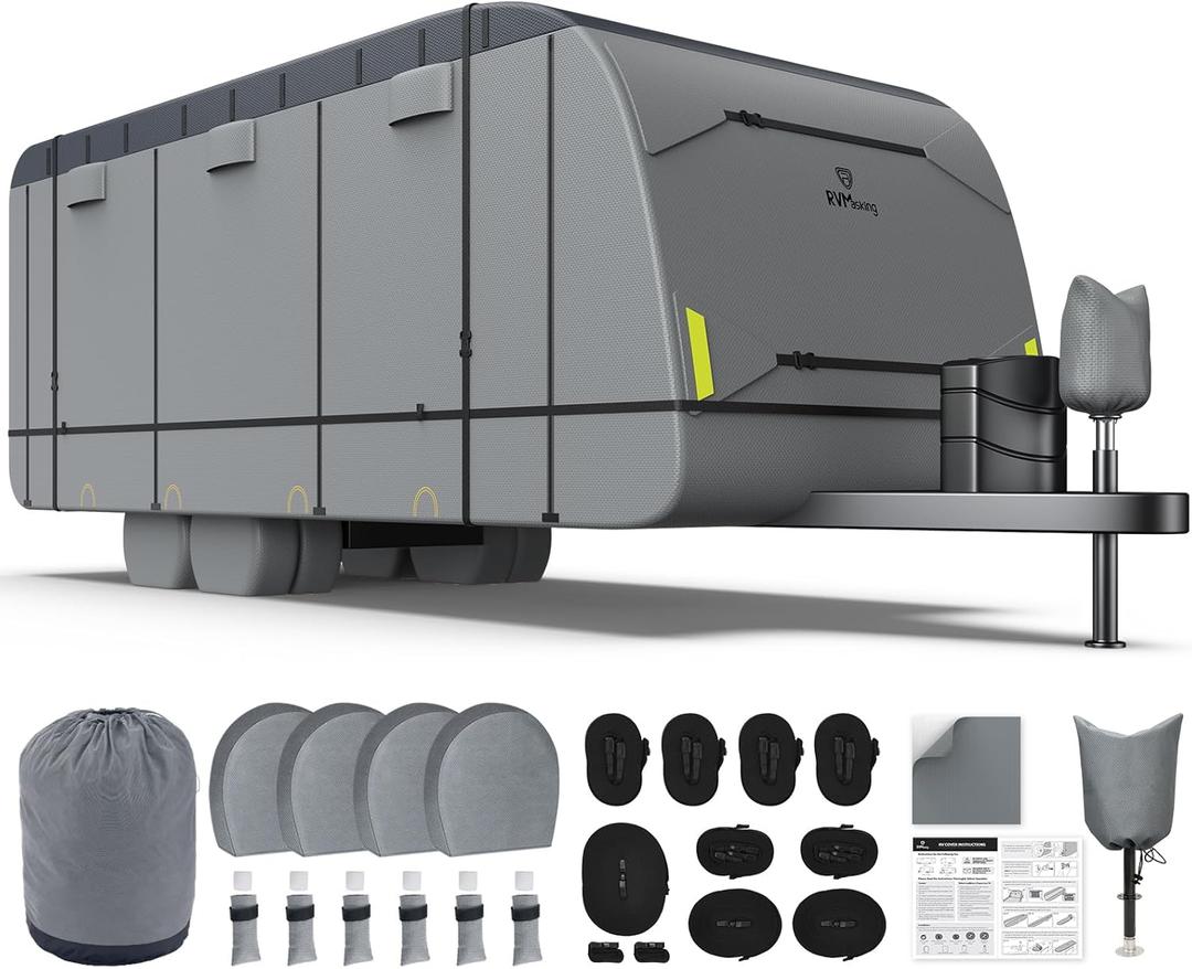RVMasking RV Cover for 24' 1"-26' - 600D Oxford Fabric Waterproof Rip-Stop, Heavy Duty Travel Trailer Cover with 3Pcs Windproof Straps, 4 Tire Covers & Tongue Jack Cover, Camper Cover Neutral Gray