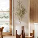 LE TAUCI 10 Inch Planter with Acacia Wood Stand, Ceramic Planters for Indoor Plants, Unique Plant Pots Indoor for Home Decor, Cylinder Pots for Plants with Drainage Hole and Plug, Neutral Gray