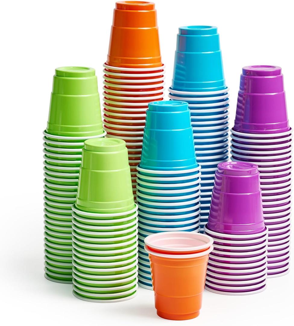 Lilymicky 300 Count 2 oz Plastic Shot Glasses, Mini Disposable Shot Cups, 2 oz Assorted Color Shot Cups for Parties, Shooting Games
