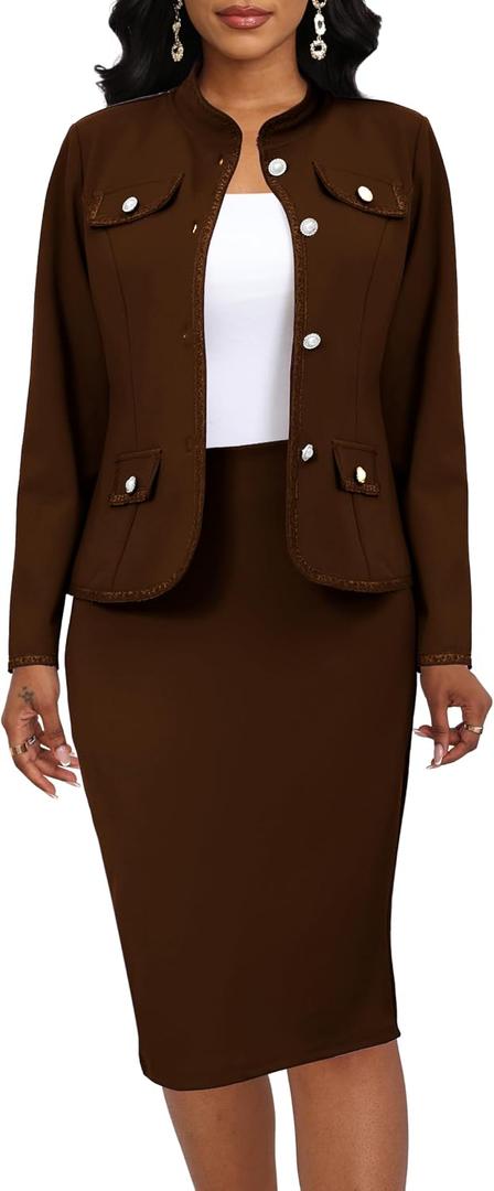 Coffee Two Piece Skirt Sets for Women Business Elegant Blazer and Skirt Dress Suits Party Evening (Brown, X-Large)