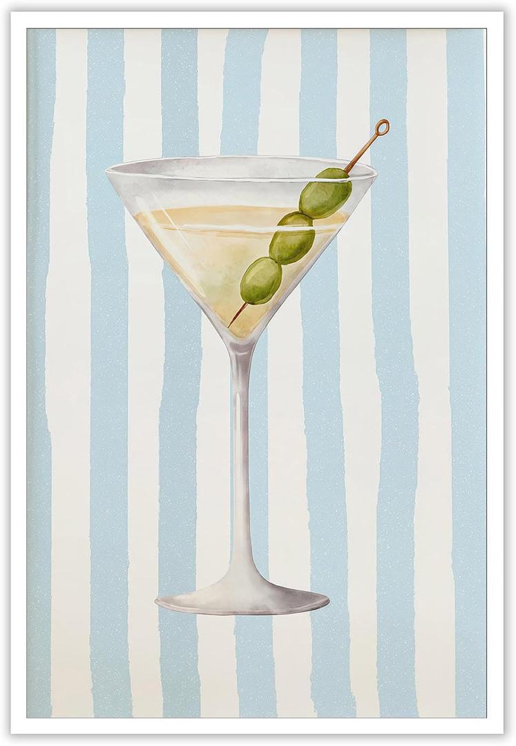 Fashion Cocktail Poster Posters Martini Transparent Glass Beverage Canvas Wall Art Unique Striped Blue And White Aesthetic Pattern Prints Painting For Home Bedroom Dorm Wall Decor 12x16in Unframed (12L" x 16W")
